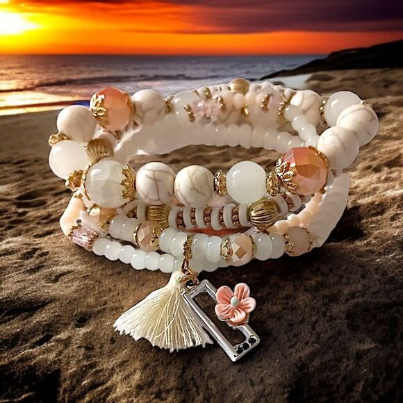 Glass Beaded Stacked Bracelet Rows Beads Floral Neutrals Y2K Boho Fairy Indie - Picture 12 of 16